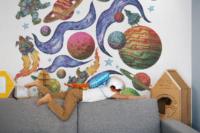 Autocollant mural 80x124 Voyage en fusée spatiale avec des astronautes et des planètes