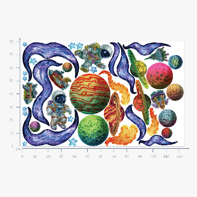 Autocollant mural 80x124 Voyage en fusée spatiale avec des astronautes et des planètes