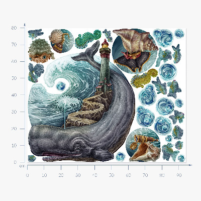Autocollant mural 80x94 Un conte de fées sous-marin avec une lanterne et des animaux