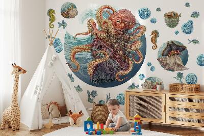 Autocollant mural 80x96 Un monde sous-marin de conte de fées avec une pieuvre et un bateau