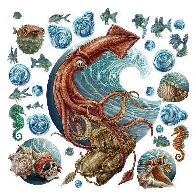 Autocollant mural 80x81 Le pays magique des créatures sous-marines dans un dessin