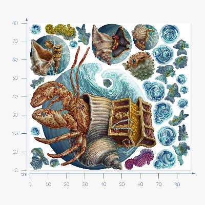 Autocollant mural 80x87 Un conte de fées sous-marin avec des crabes dans un style dessin animé