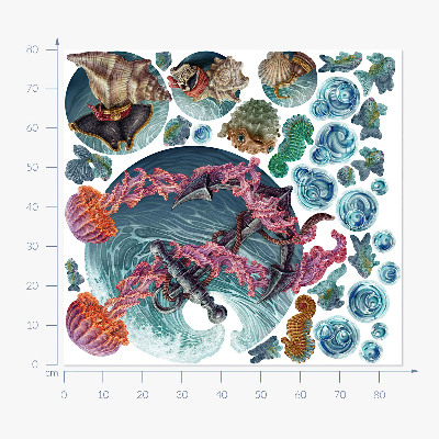 Autocollant mural 80x86 Un conte de fées sous-marin avec des méduses de mer dans le dessin