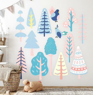 Autocollant mural 80x100 Forêt bohème avec des arbres pastel et des oiseaux