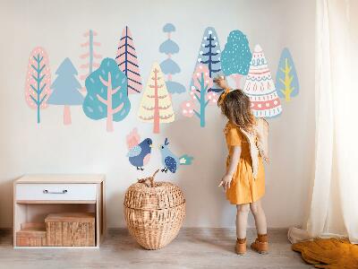 Autocollant mural 80x100 Forêt bohème avec des arbres pastel et des oiseaux