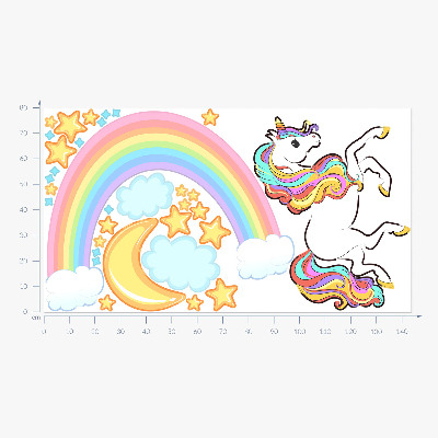 Autocollant mural 80x143 Licorne colorée dans un ciel arc-en-ciel