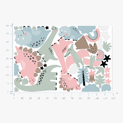Autocollant mural 80x118 Dinosaures entourés d'une végétation pastel