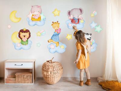 Autocollant mural 80x122 Animaux mignons dans les nuages et les étoiles aquarelle pastel