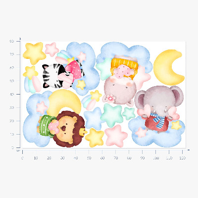 Autocollant mural 80x122 Animaux mignons dans les nuages et les étoiles aquarelle pastel