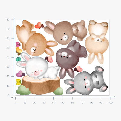 Autocollant mural 80x99 Lapins et papillons pastel dans un style forestier