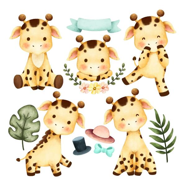 Autocollant mural 80x135 Girafes pastel dans un style safari aquarelle