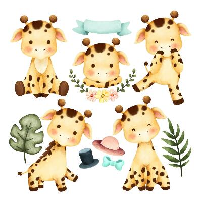 Autocollant mural 80x135 Girafes pastel dans un style safari aquarelle