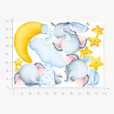 Autocollant mural 80x109 Éléphants et nuages dans un paradis pastel