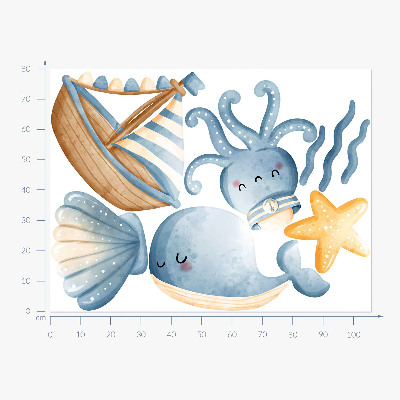 Autocollant mural 80x106 Créatures marines et un bateau à l'aquarelle pastel