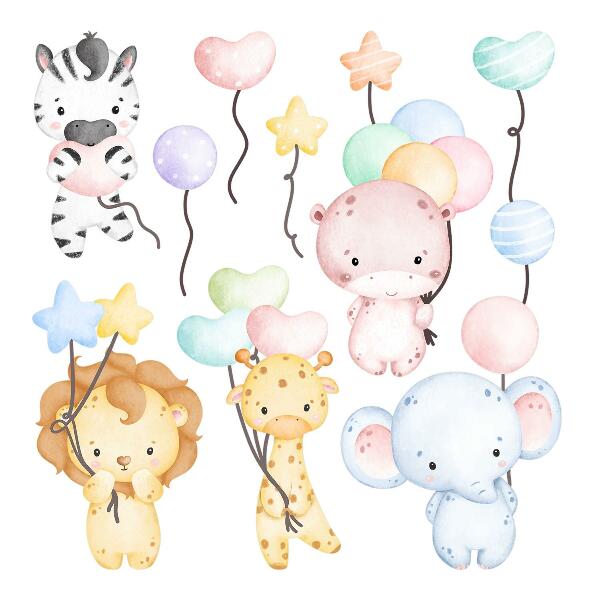 Autocollant mural 80x118 Safari avec des animaux sauvages et des ballons aquarelles