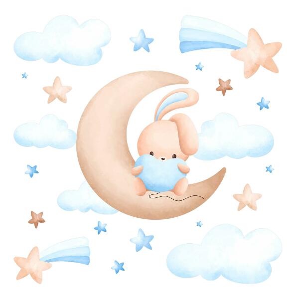 Autocollant mural 80x132 Lapin nuage sur une lune pastel