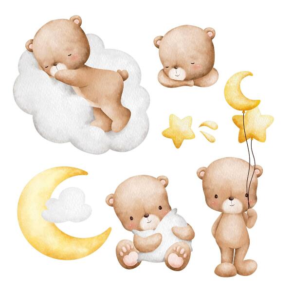 Autocollant mural 80x126 Ours en peluche mignons dans les nuages et les étoiles