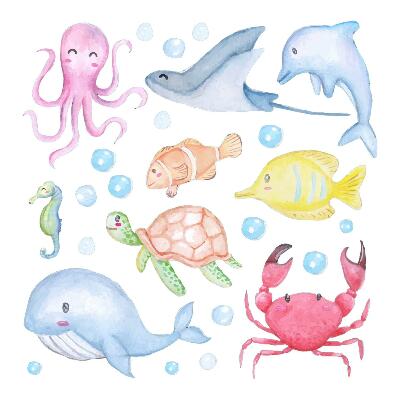 Autocollant mural 80x113 Un monde sous-marin pastel de créatures aquarellées
