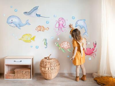 Autocollant mural 80x113 Un monde sous-marin pastel de créatures aquarellées