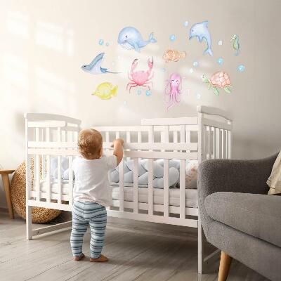 Autocollant mural 80x113 Un monde sous-marin pastel de créatures aquarellées