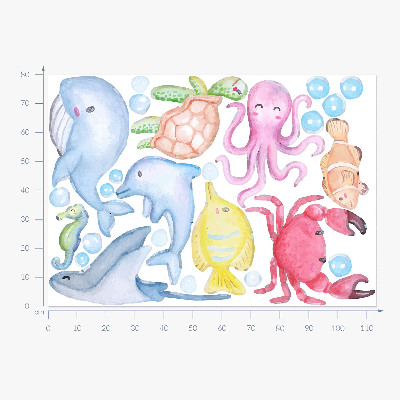 Autocollant mural 80x113 Un monde sous-marin pastel de créatures aquarellées