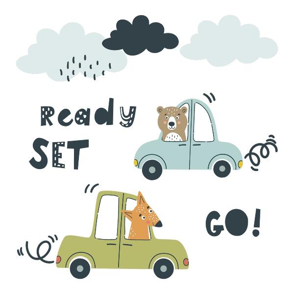 Autocollant mural 80x108 Prêt à partir ! Animaux pastel en voiture