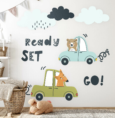 Autocollant mural 80x108 Prêt à partir ! Animaux pastel en voiture