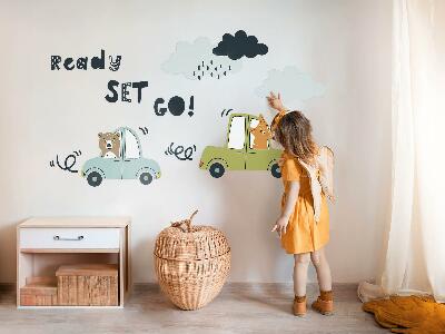 Autocollant mural 80x108 Prêt à partir ! Animaux pastel en voiture