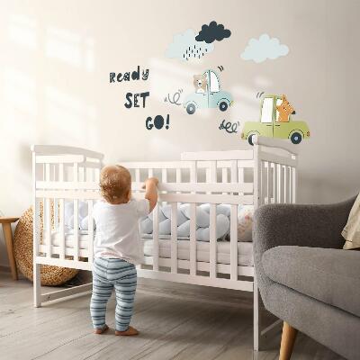 Autocollant mural 80x108 Prêt à partir ! Animaux pastel en voiture