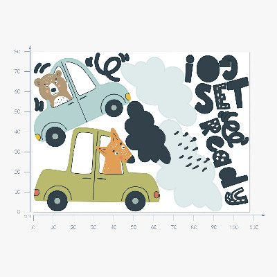 Autocollant mural 80x108 Prêt à partir ! Animaux pastel en voiture