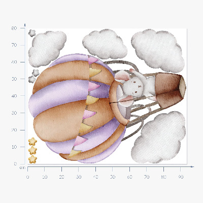 Autocollant mural 80x94 Le voyage d'une souris ballon dans des nuages pastel