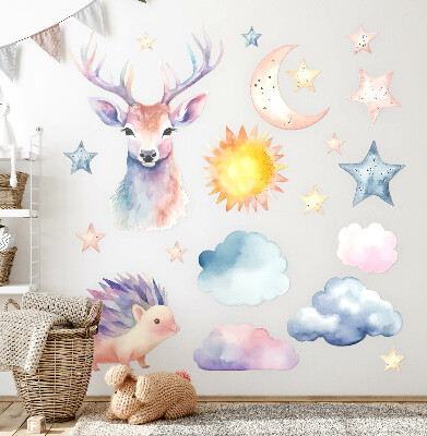 Autocollant mural 80x88 Aquarelle pastel animaux et ciel