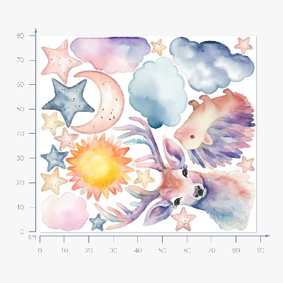 Autocollant mural 80x88 Aquarelle pastel animaux et ciel