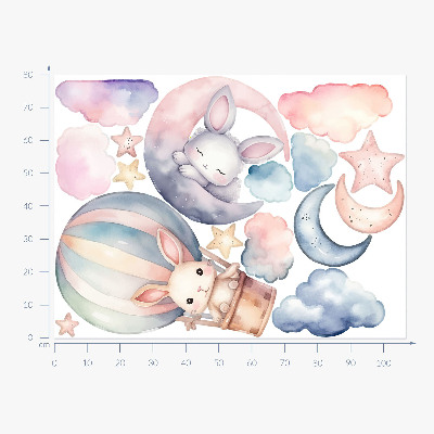 Autocollant mural 80x106 Lapins dans un ciel pastel avec un ballon la nuit