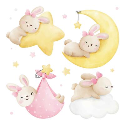 Autocollant mural 80x118 Lapins dans le ciel nocturne, aquarelle pastel