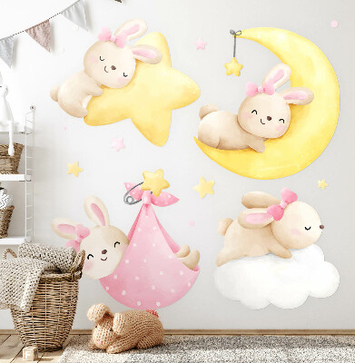 Autocollant mural 80x118 Lapins dans le ciel nocturne, aquarelle pastel