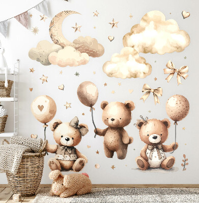 Autocollant mural 80x118 Ours en peluche beiges dans des nuages avec des ballons bohèmes