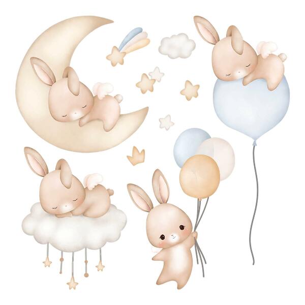 Autocollant mural 80x70 Lapins avec des ballons dans le ciel nocturne aquarelle