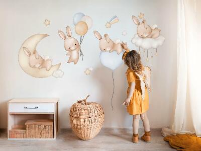 Autocollant mural 80x70 Lapins avec des ballons dans le ciel nocturne aquarelle