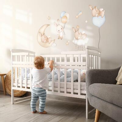 Autocollant mural 80x70 Lapins avec des ballons dans le ciel nocturne aquarelle