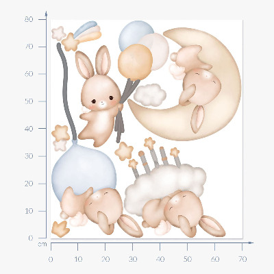 Autocollant mural 80x70 Lapins avec des ballons dans le ciel nocturne aquarelle