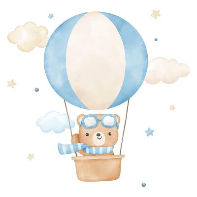 Autocollant mural 80x122 Petit ours dans un ballon dans les nuages aquarelle pastel