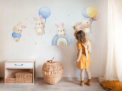 Autocollant mural 80x125 Lapins avec des ballons dans un arc-en-ciel pastel