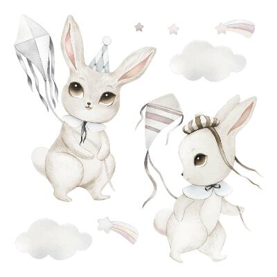 Autocollant mural 80x114 Lapins avec des cerfs-volants dans un style bohème pastel