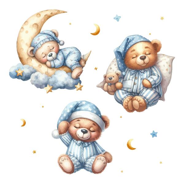 Autocollant mural 80x137 Ours en peluche dans l'espace aquarelle ciel pastel