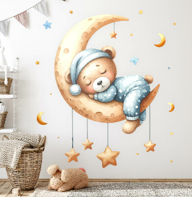 Autocollant mural 80x105 Ours en peluche endormi sur la lune dans un espace pastel
