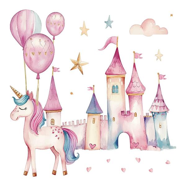 Autocollant mural 80x110 Château de licorne dans un style aquarelle pastel