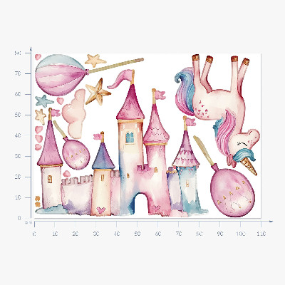Autocollant mural 80x110 Château de licorne dans un style aquarelle pastel