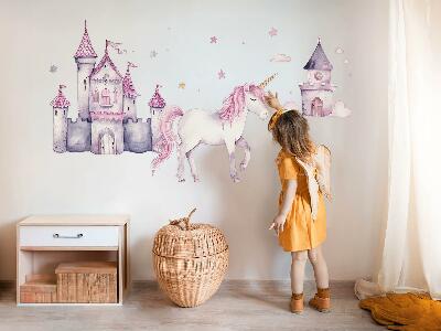 Autocollant mural 80x131 Aquarelle pastel avec une licorne et un château