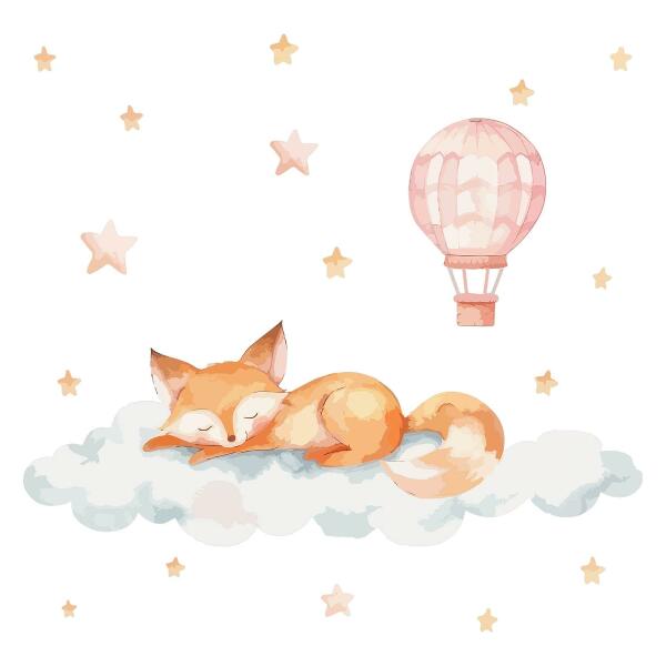 Autocollant mural 80x125 Renard pastel dans un nuage avec des étoiles et un ballon